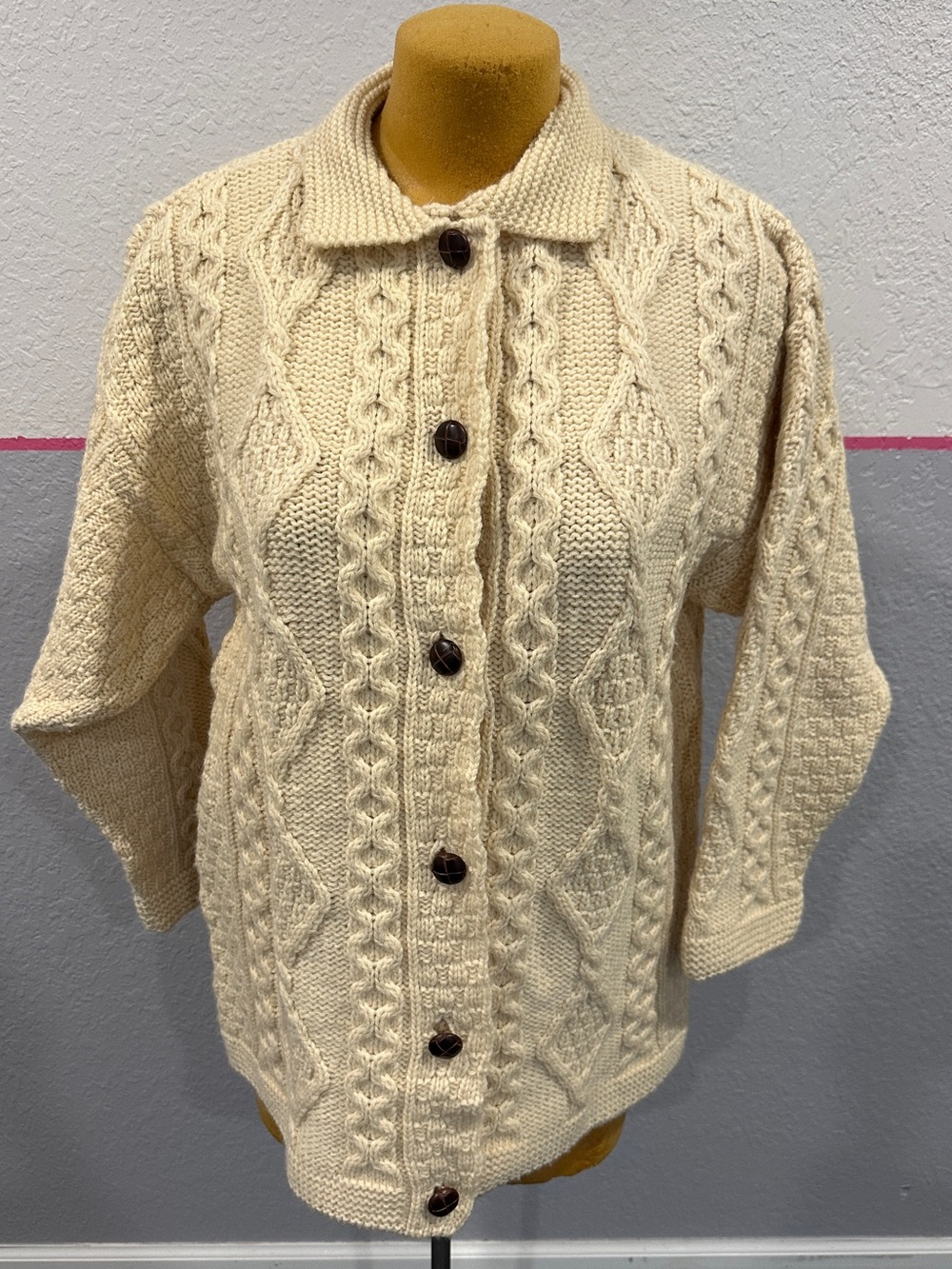 Vintage Aran Crafts Wool Fisherman Cardigan Sweater
